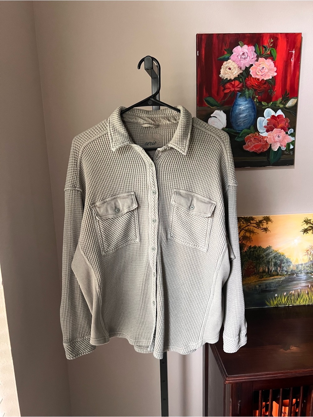 aerie Waffle-Knit Button-Up Jacket — Olive green